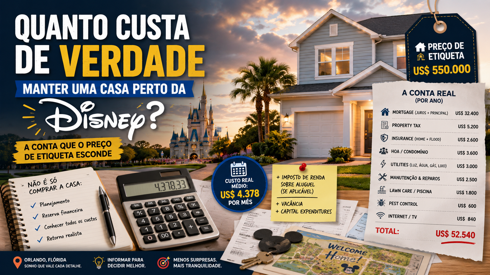Infográfico mostrando o custo real de manter uma casa perto da Disney em Orlando, com etiqueta de preço, calculadora e detalhamento anual de despesas