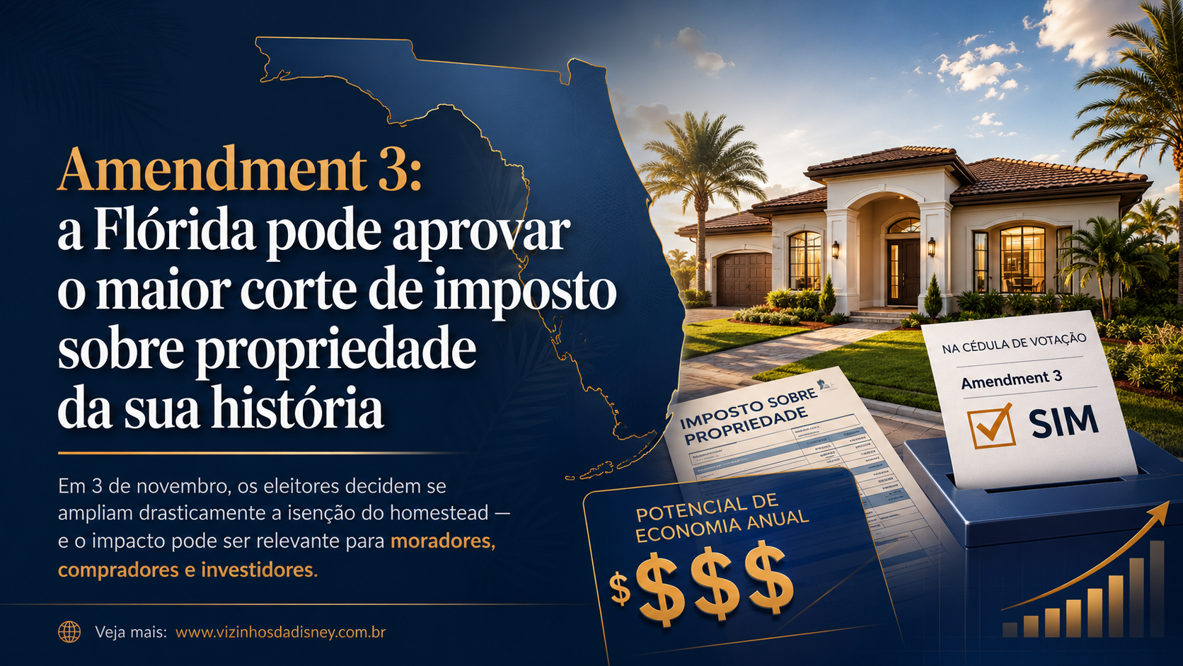 Capitólio da Flórida ao entardecer com bandeiras dos EUA e do estado, símbolo de uma chave de casa em primeiro plano, representando a proposta de Emenda 3 sobre imposto de propriedade