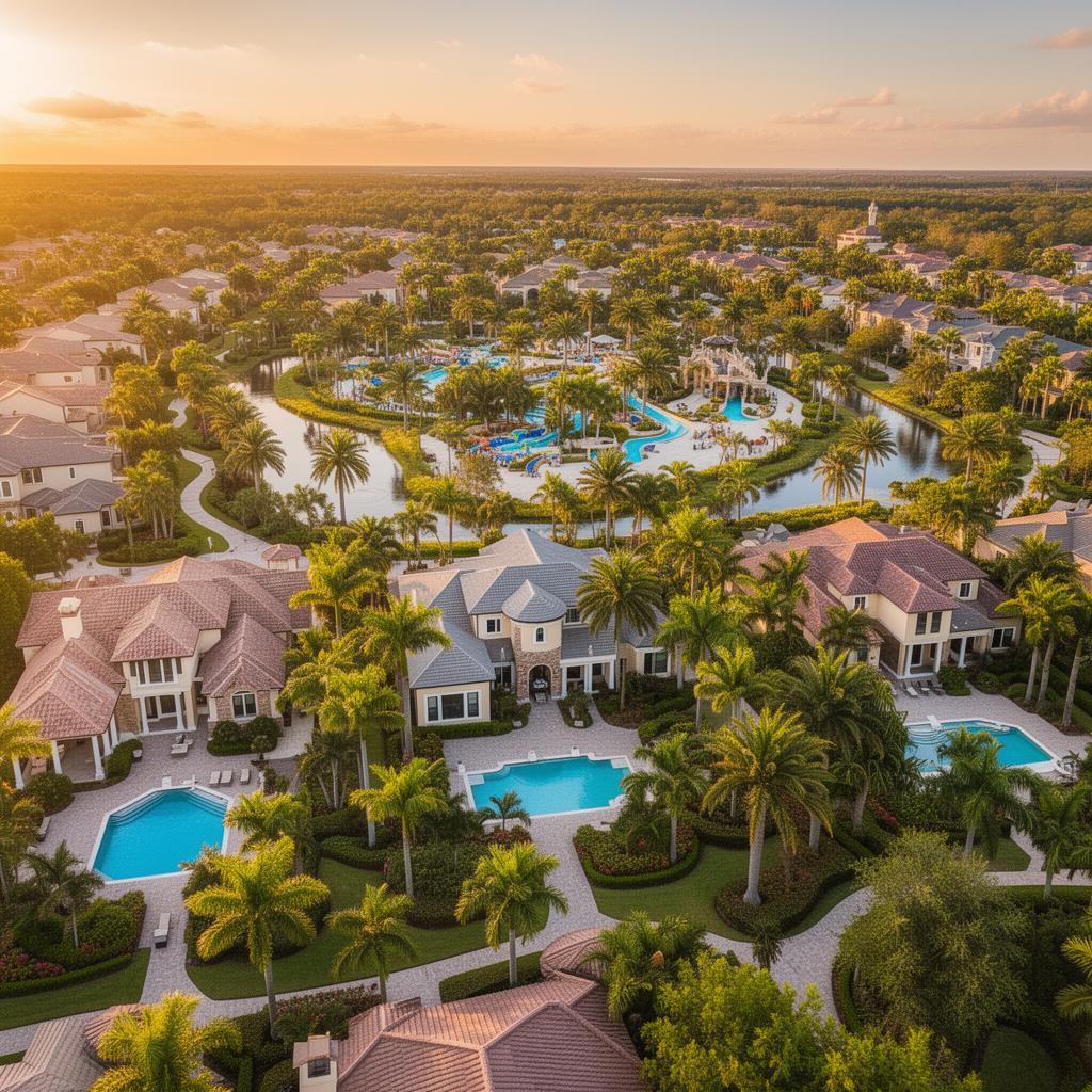 Vista aérea de condomínio de luxo em Orlando com piscinas, lagos e casas próximas aos parques da Disney