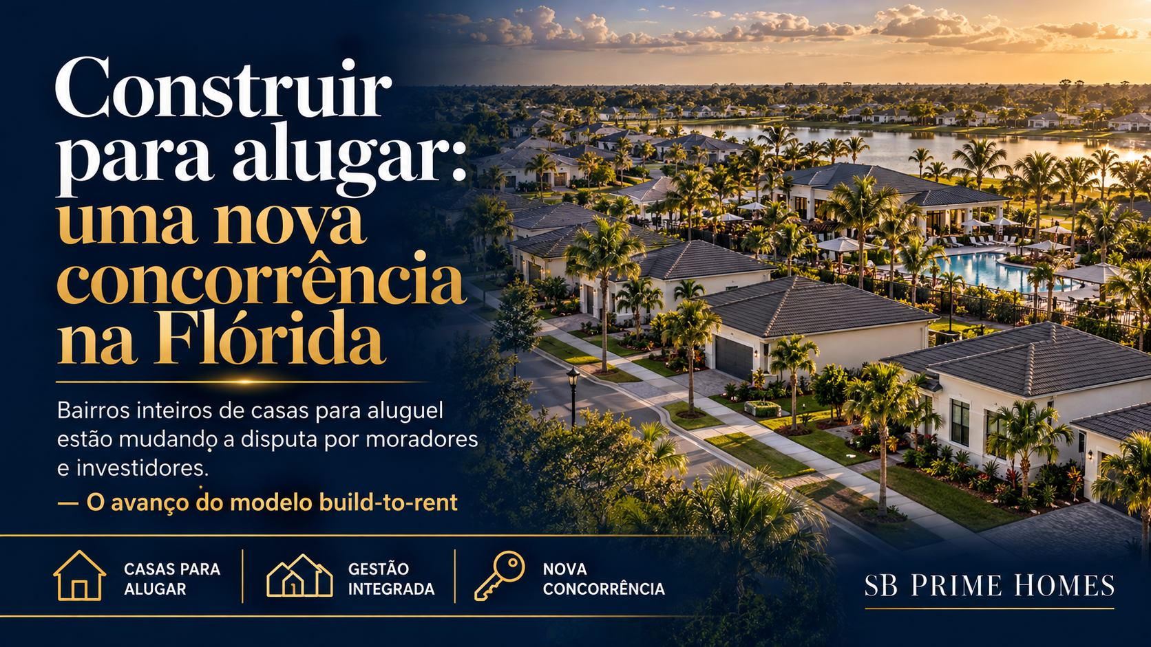 Comunidade de casas novas para aluguel na Flórida ao pôr do sol, com piscina, palm trees e lake, representando o modelo build-to-rent