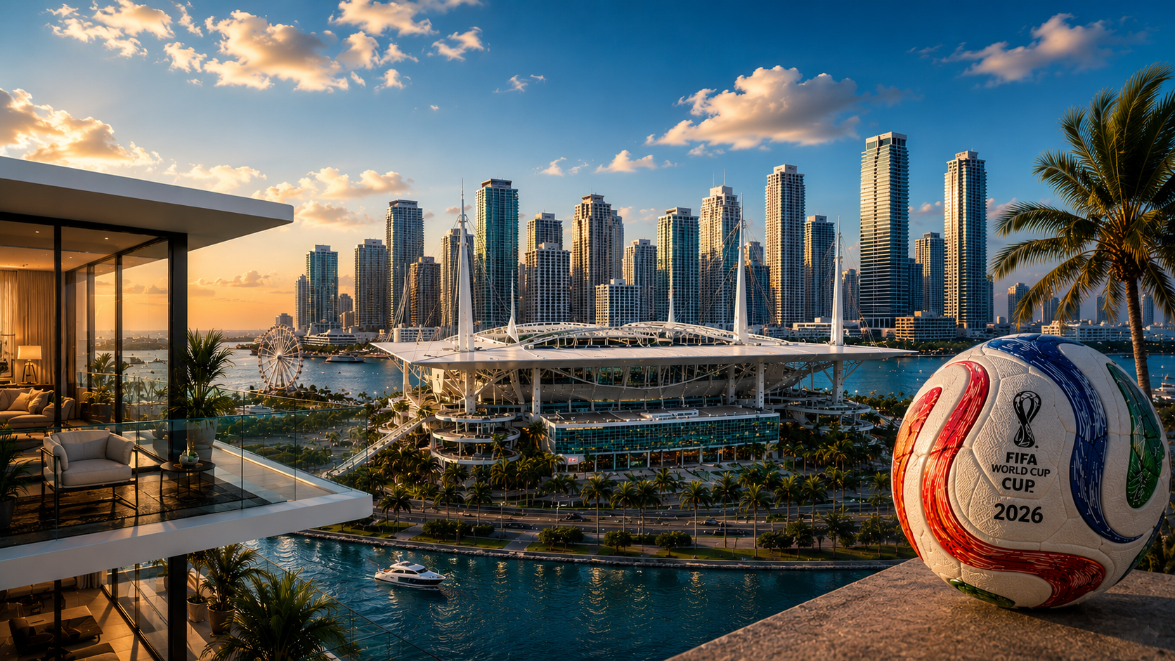 Vista aérea de cobertura de luxo em Miami com o Hard Rock Stadium e a skyline ao fundo durante a Copa do Mundo 2026