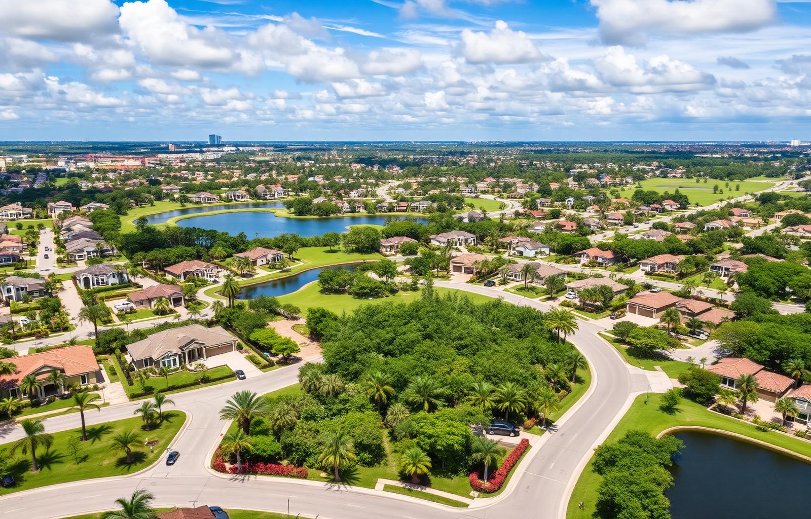 Vista aérea de bairro residencial em Orlando com lagos, palmeiras e casas suburbanas mostrando o reequilíbrio do mercado imobiliário da Flórida em 2026