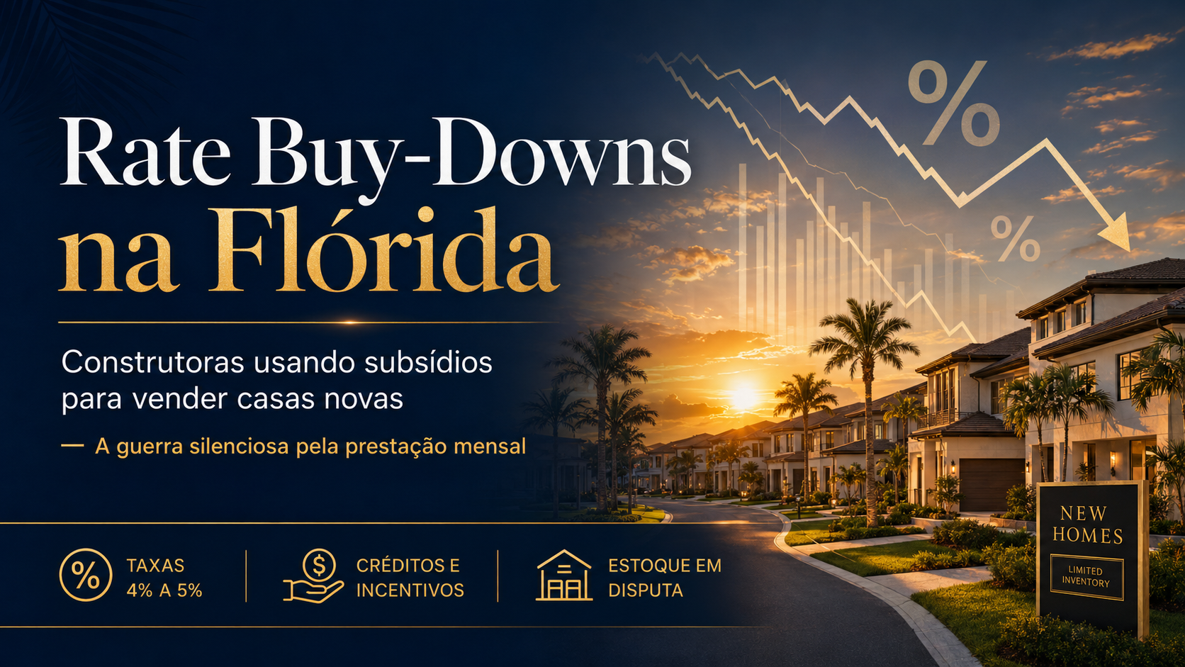 Casas novas em condomínio na Flórida ao entardecer com palmeiras, gráfico de queda de juros e placa de New Homes representando incentivos e rate buy-downs das construtoras