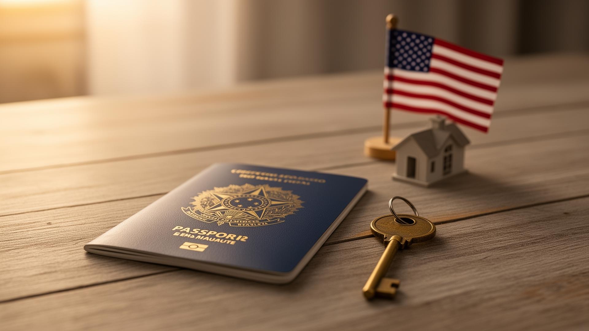 Passaporte brasileiro ao lado de pequena bandeira americana e chave de casa sobre mesa de madeira