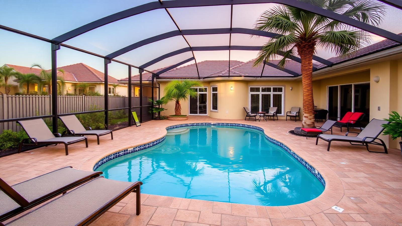 Casa de férias em Orlando com piscina coberta, palmeiras e ambiente familiar