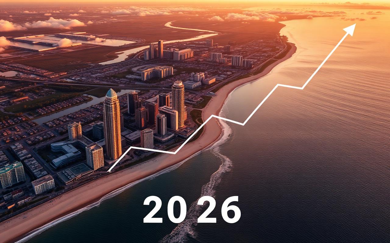 Vista aérea da costa da Flórida com skyline de Orlando ao entardecer e gráfico de tendências ascendentes representando o mercado imobiliário em 2026
