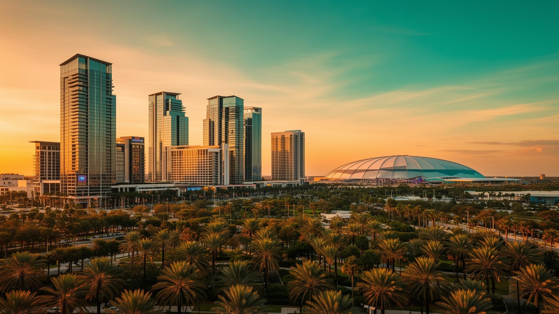 Horizonte moderno de Orlando ao entardecer com o Epic Universe ao fundo e arranha-céus da nova região de Lake Nona